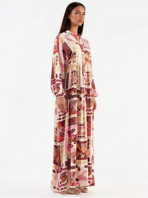 Vestido maxi com decote em v e padrão hiccup - Kiabi Vestido maxi com decote em v e padrão hiccup - Kiabi