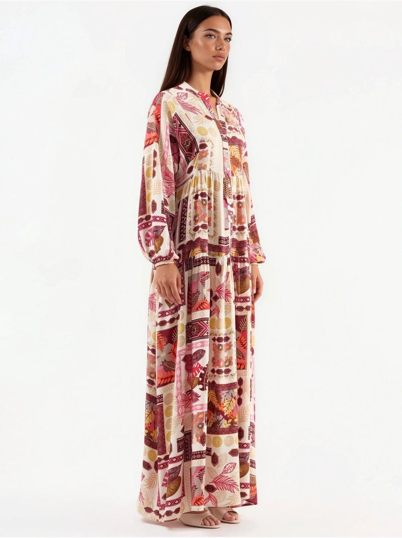 Vestido maxi com decote em v e padrão hiccup Vermelho bordô - Kiabi