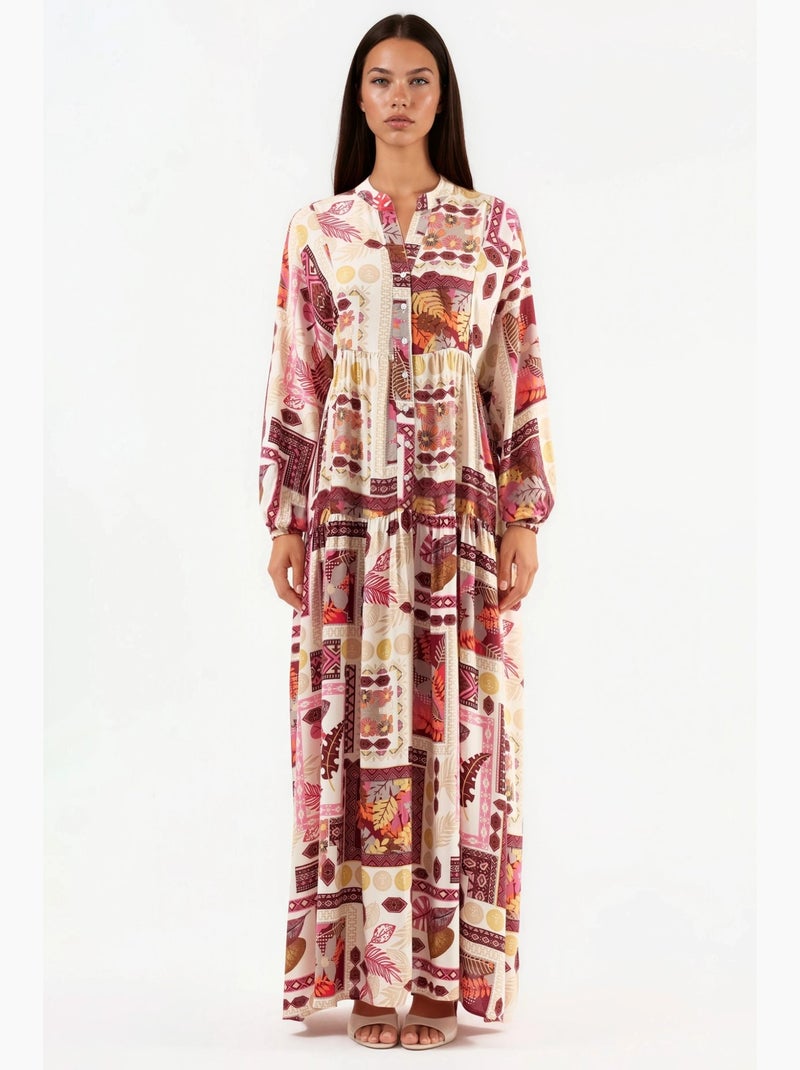 Vestido maxi com decote em v e padrão hiccup Vermelho bordô - Kiabi