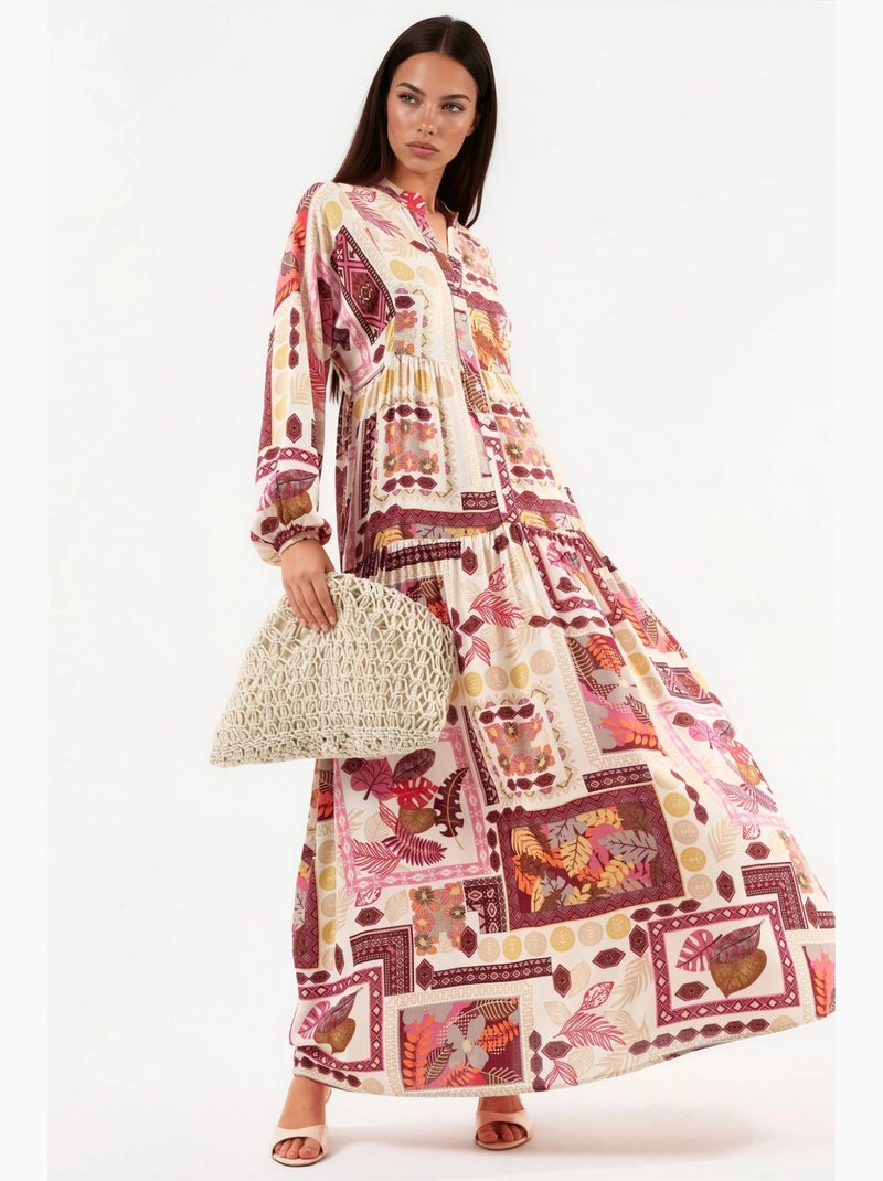 Vestido maxi com decote em v e padrão hiccup Vermelho bordô - Kiabi