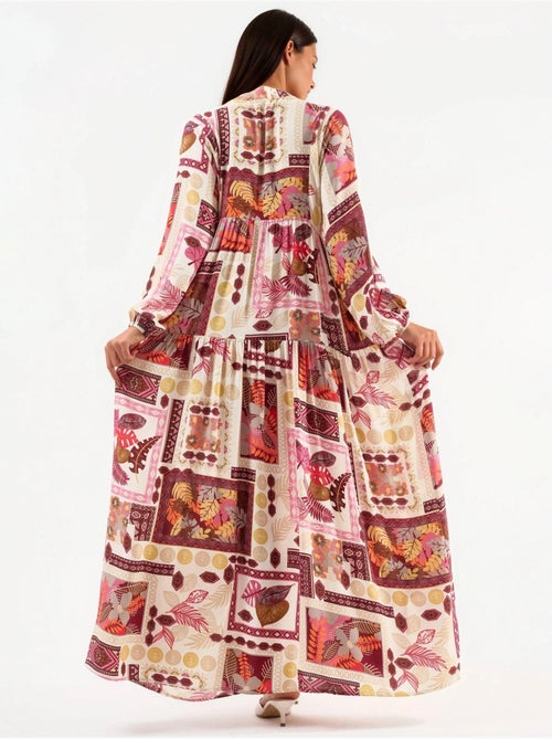 Vestido maxi com decote em v e padrão hiccup - Kiabi Vestido maxi com decote em v e padrão hiccup - Kiabi