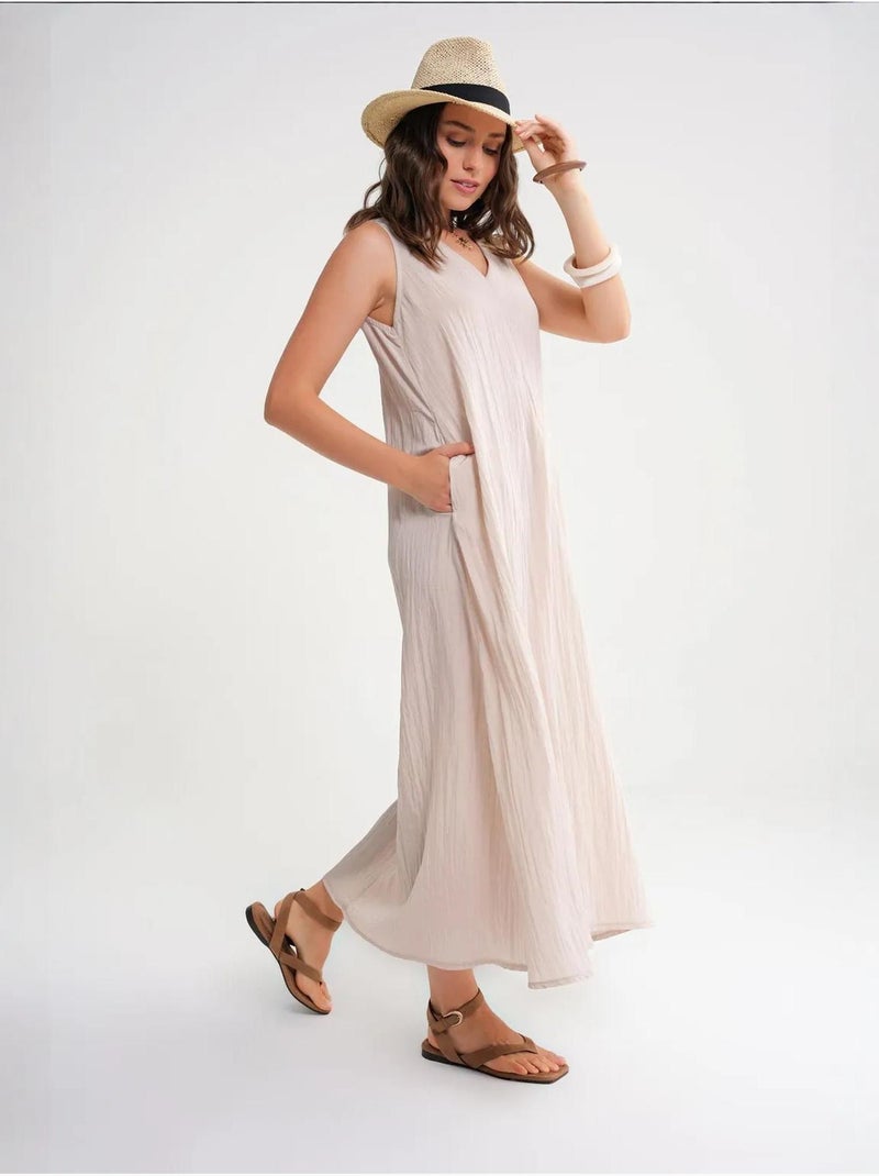 Vestido maxi com decote em v mixray Areia - Kiabi