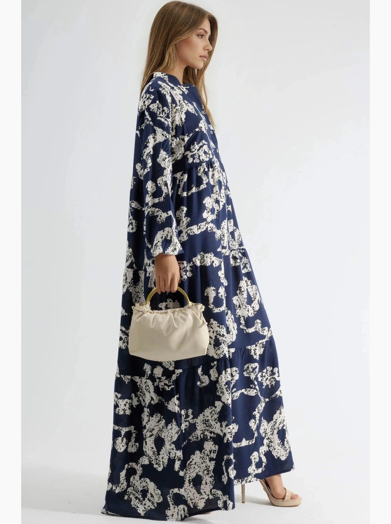 Vestido maxi com decote em v, padrão e botões hiccup Azul-marinho - Kiabi