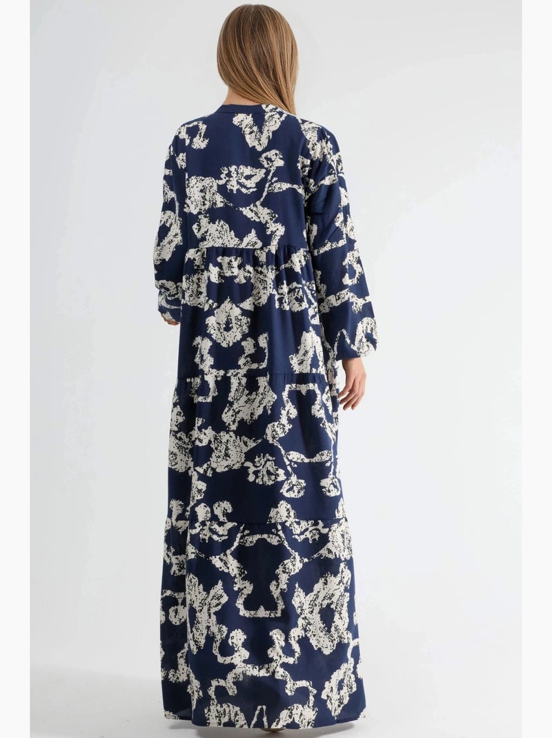 Vestido maxi com decote em v, padrão e botões hiccup Azul-marinho - Kiabi