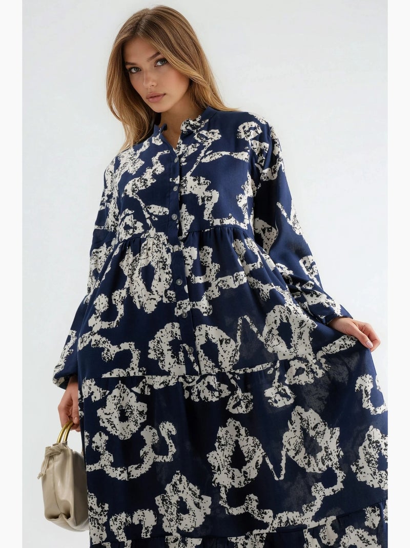 Vestido maxi com decote em v, padrão e botões hiccup Azul-marinho - Kiabi