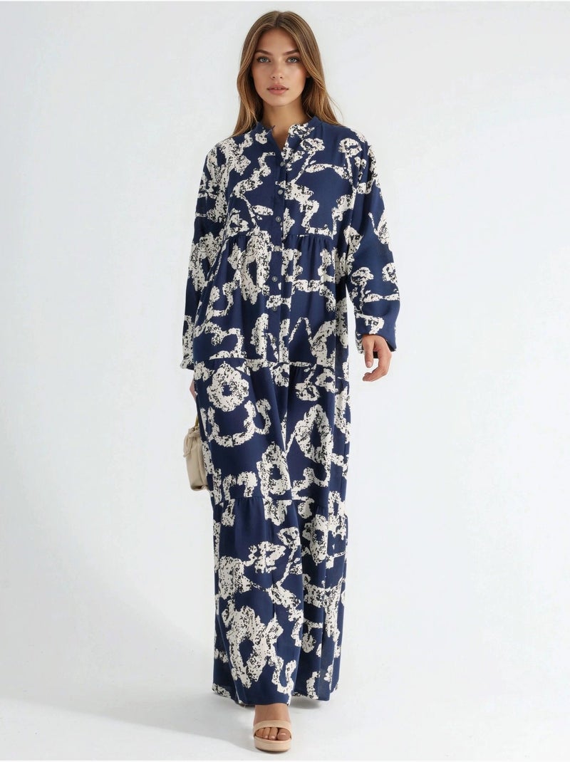 Vestido maxi com decote em v, padrão e botões hiccup Azul-marinho - Kiabi