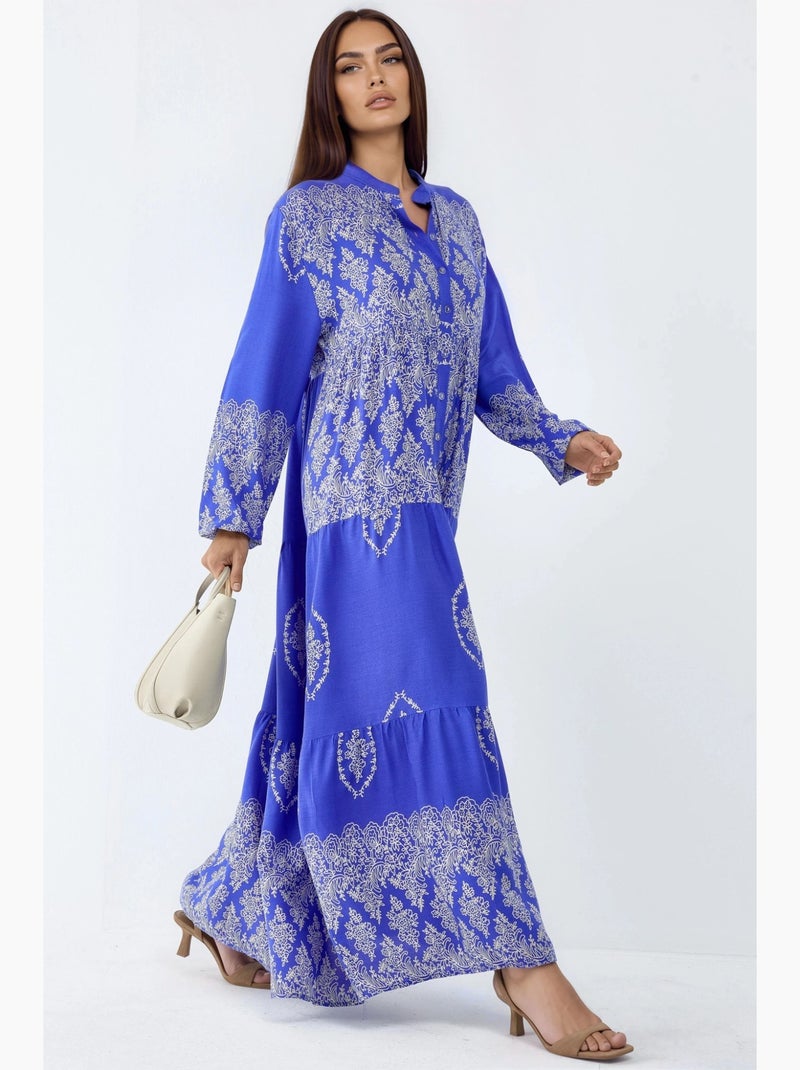 Vestido maxi com decote em v, padrão e fecho de botões hiccup Azul-elétrico - Kiabi