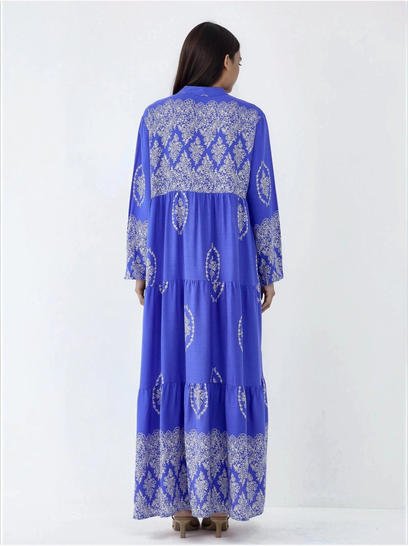 Vestido maxi com decote em v, padrão e fecho de botões hiccup Azul-elétrico - Kiabi