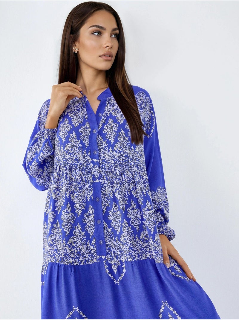 Vestido maxi com decote em v, padrão e fecho de botões hiccup Azul-elétrico - Kiabi