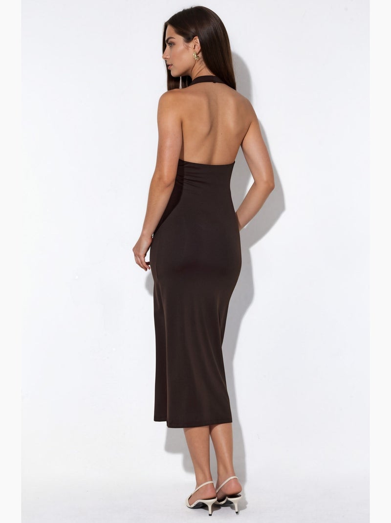 Vestido maxi com decote halter busem Castanho-escuro - Kiabi
