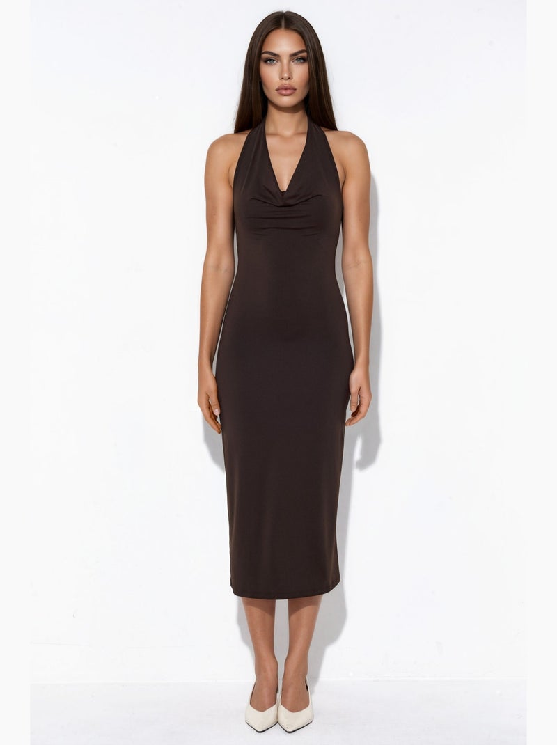 Vestido maxi com decote halter busem Castanho-escuro - Kiabi