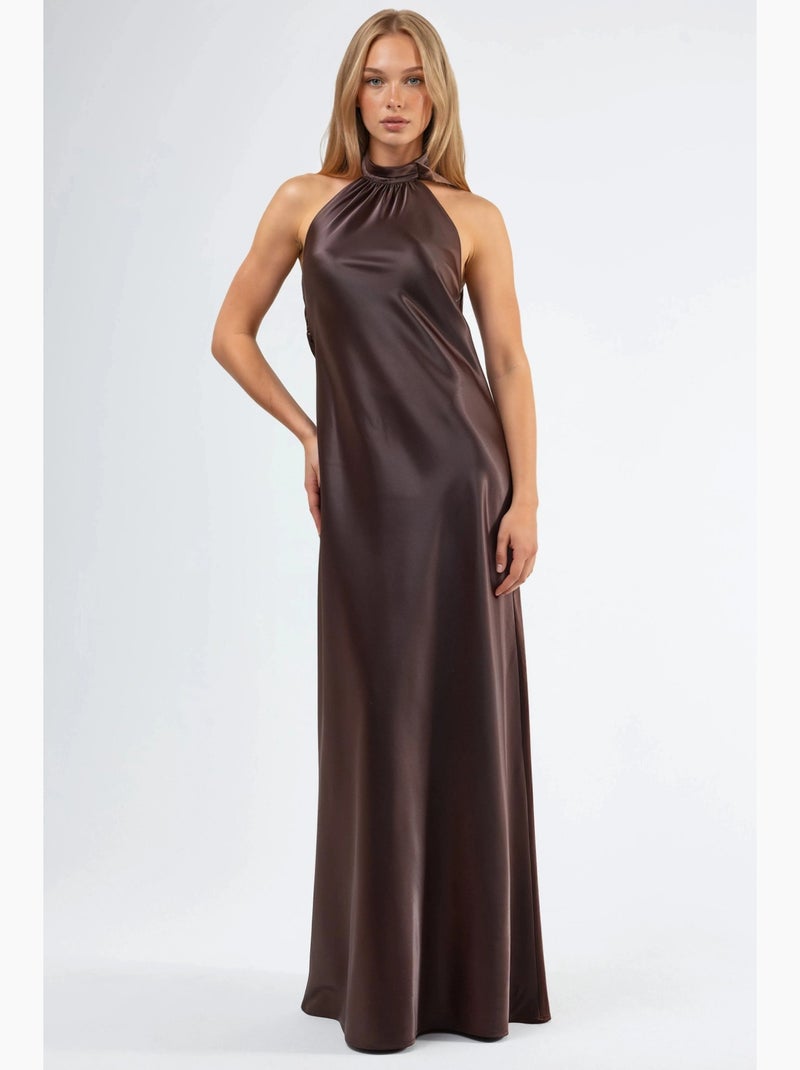 Vestido maxi com decote halter e detalhe de xale hiccup Castanho-escuro - Kiabi