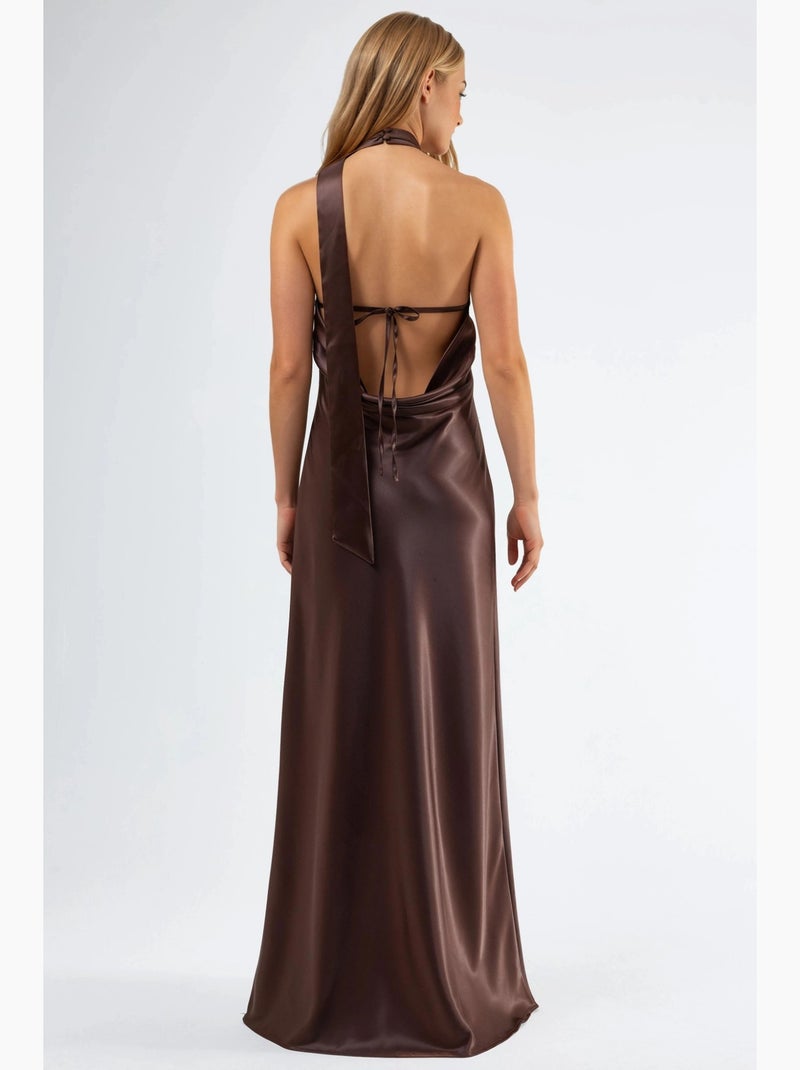 Vestido maxi com decote halter e detalhe de xale hiccup Castanho-escuro - Kiabi