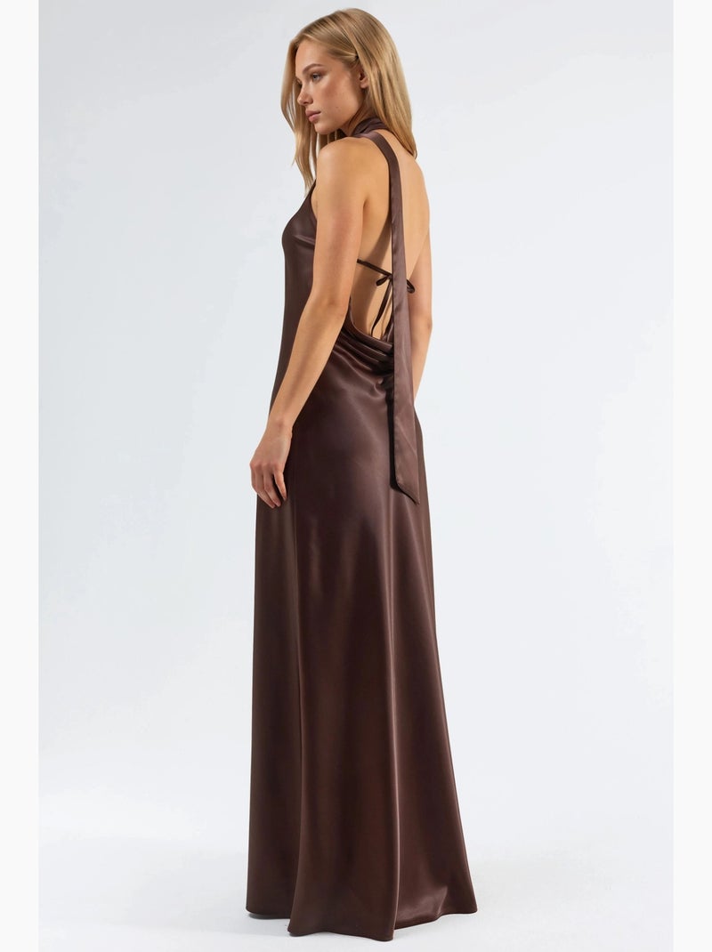 Vestido maxi com decote halter e detalhe de xale hiccup Castanho-escuro - Kiabi
