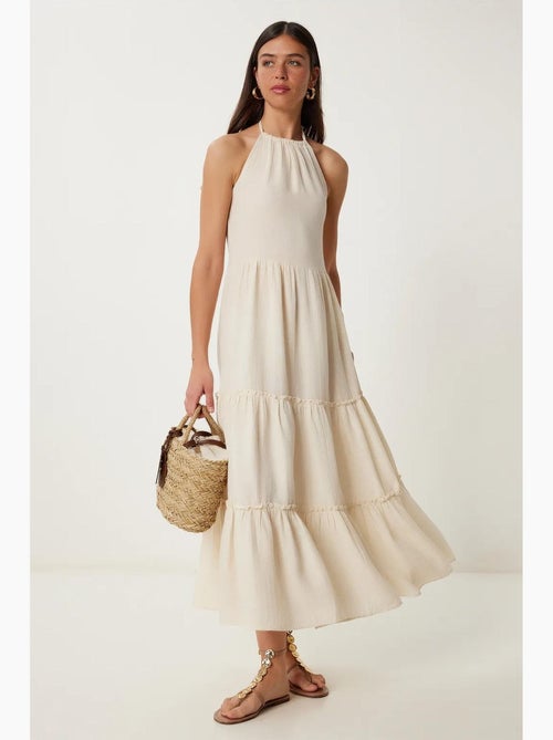 Vestido maxi com decote halter e folhos istanbul - Kiabi