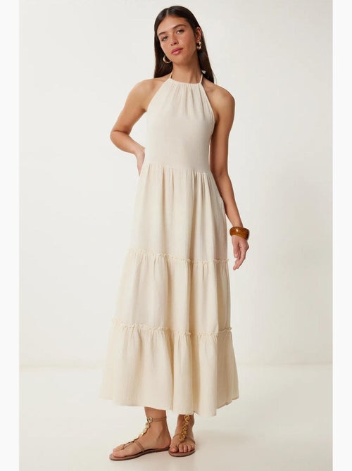 Vestido maxi com decote halter e folhos istanbul - Kiabi