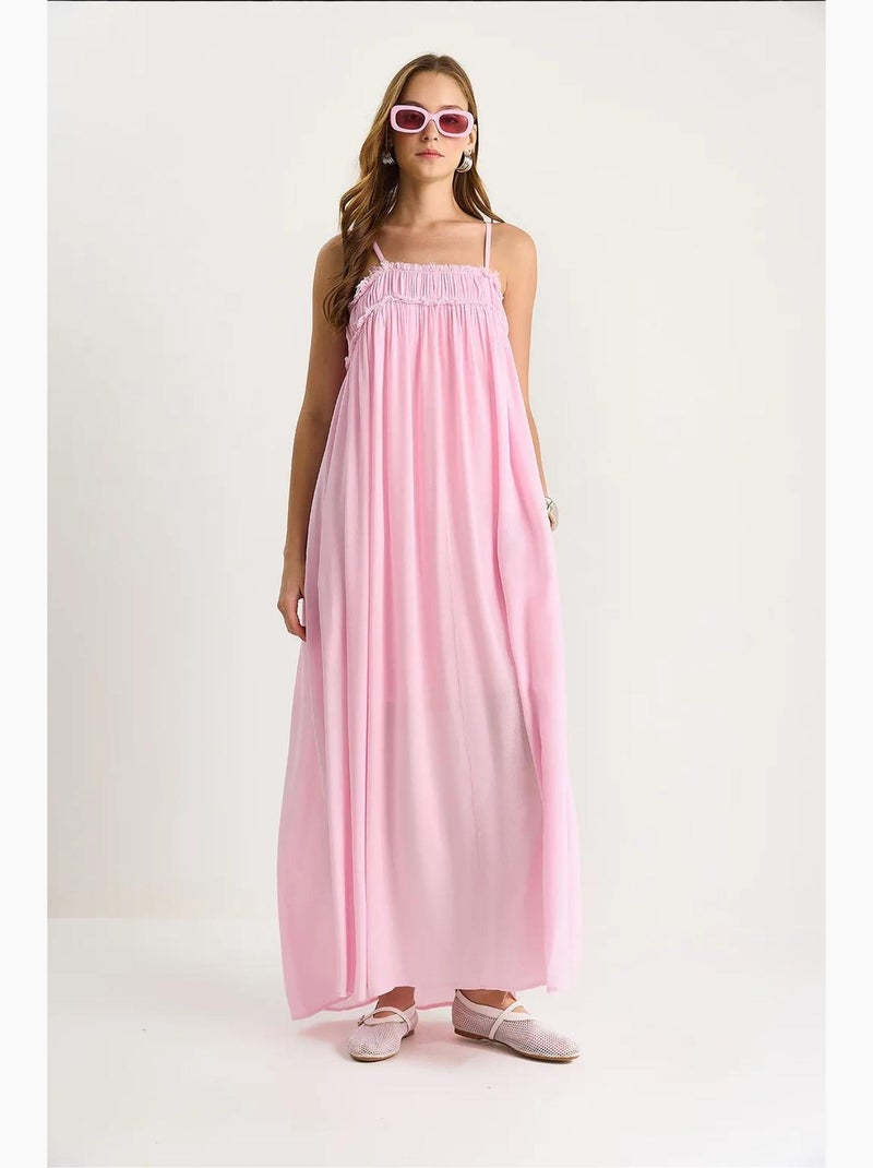 Vestido maxi com decote quadrado bordado lucci Rosa-pálido - Kiabi