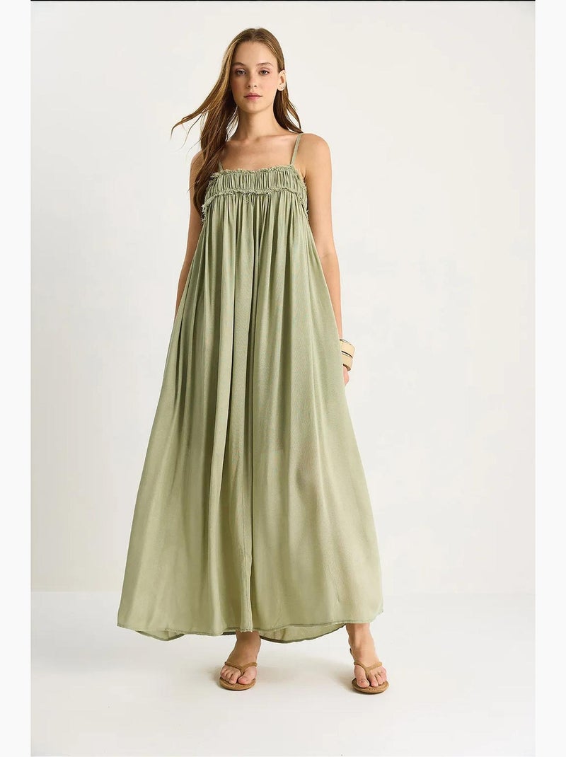 Vestido maxi com decote quadrado bordado lucci Verde cáqui - Kiabi