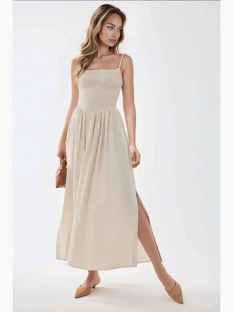 Vestido maxi com decote quadrado e corte em a hiccup Bege - Kiabi