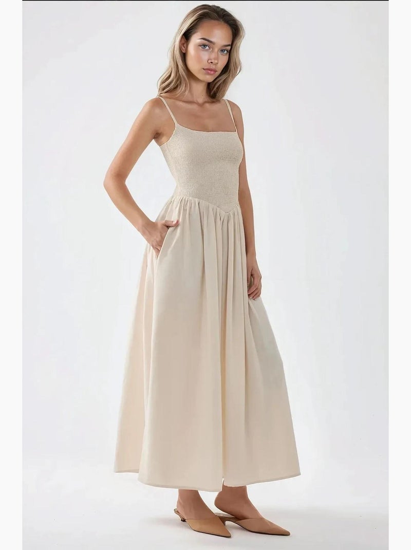 Vestido maxi com decote quadrado e corte em a hiccup Bege - Kiabi