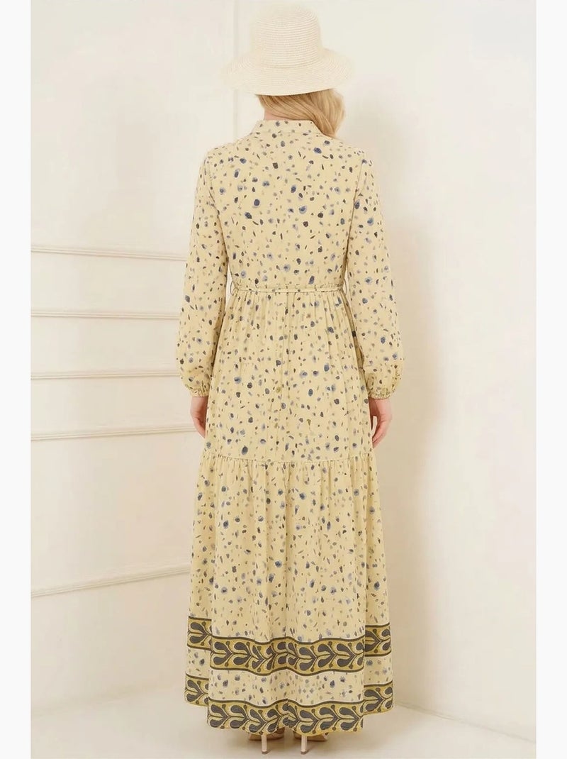 Vestido maxi com decote redondo, botões e faixa na cintura bdart Azul Amarelo - Kiabi
