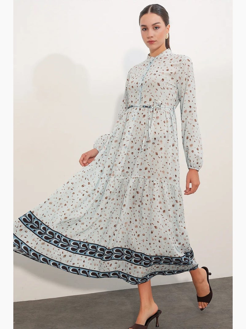 Vestido maxi com decote redondo, botões e faixa na cintura bdart Azul-céu - Kiabi