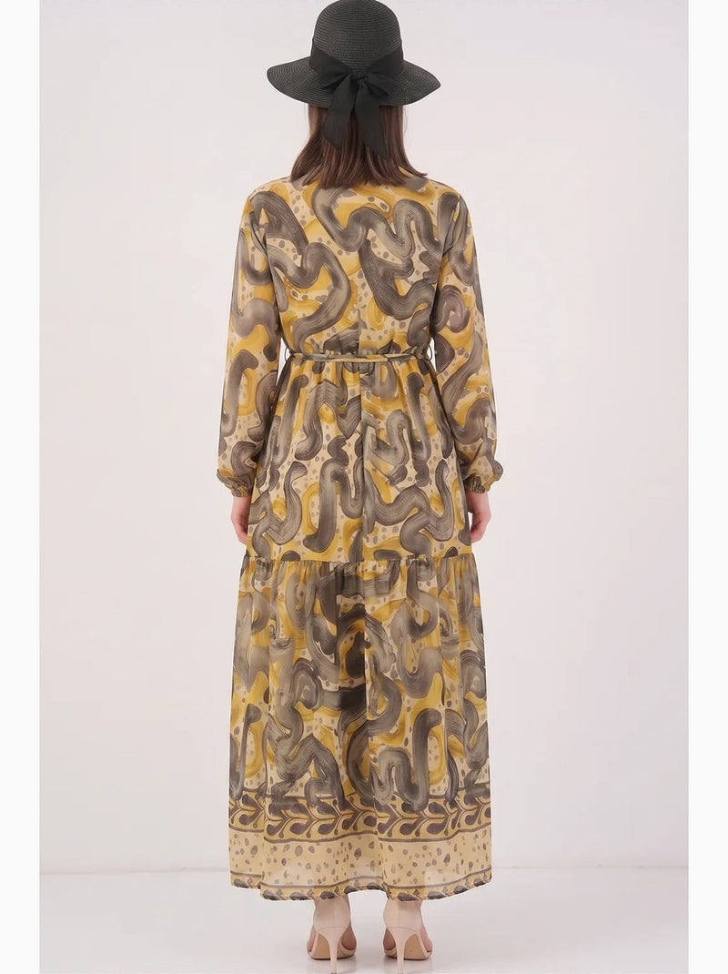 Vestido maxi com decote redondo, botões e faixa na cintura bdart Cinza-amarelo - Kiabi