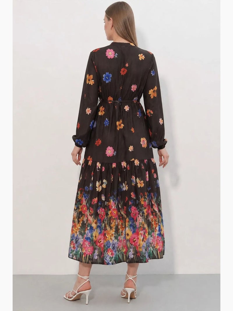 Vestido maxi com decote redondo, botões e faixa na cintura bdart Preto Rosa Azul - Kiabi