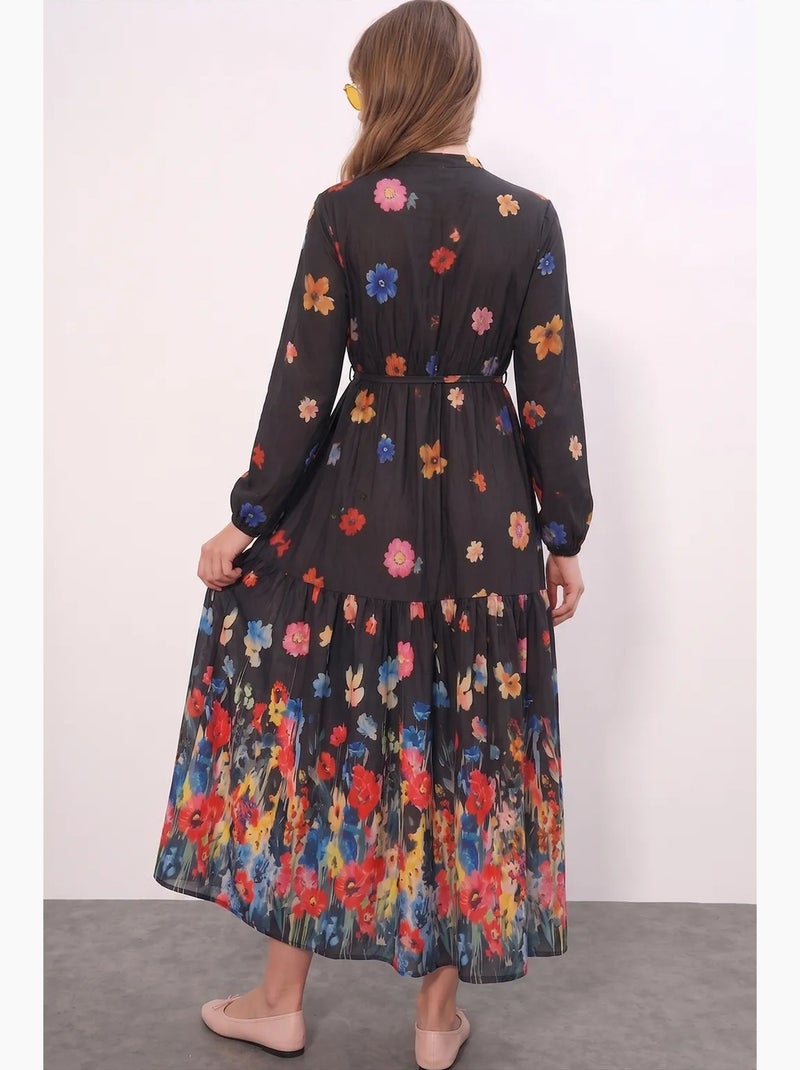 Vestido maxi com decote redondo, botões e faixa na cintura bdart Preto Vermelho - Kiabi