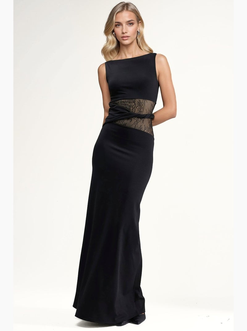 Vestido maxi com detalhes em renda e recortes hiccup Preto - Kiabi