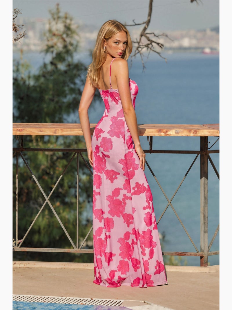 Vestido maxi com estampado floral e gola em coração hiccup Rosa-claro - Kiabi