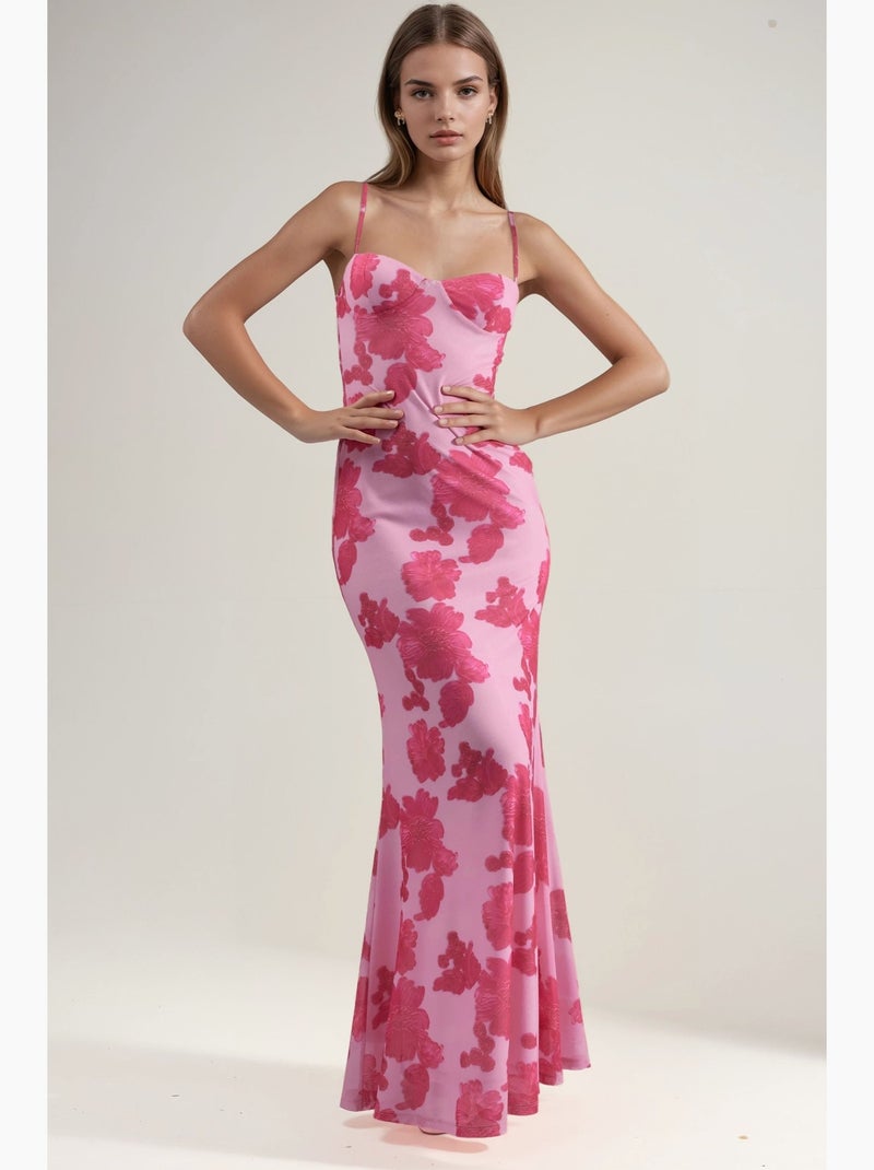 Vestido maxi com estampado floral e gola em coração hiccup Rosa-claro - Kiabi