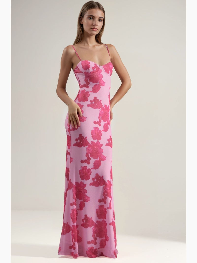 Vestido maxi com estampado floral e gola em coração hiccup Rosa-claro - Kiabi
