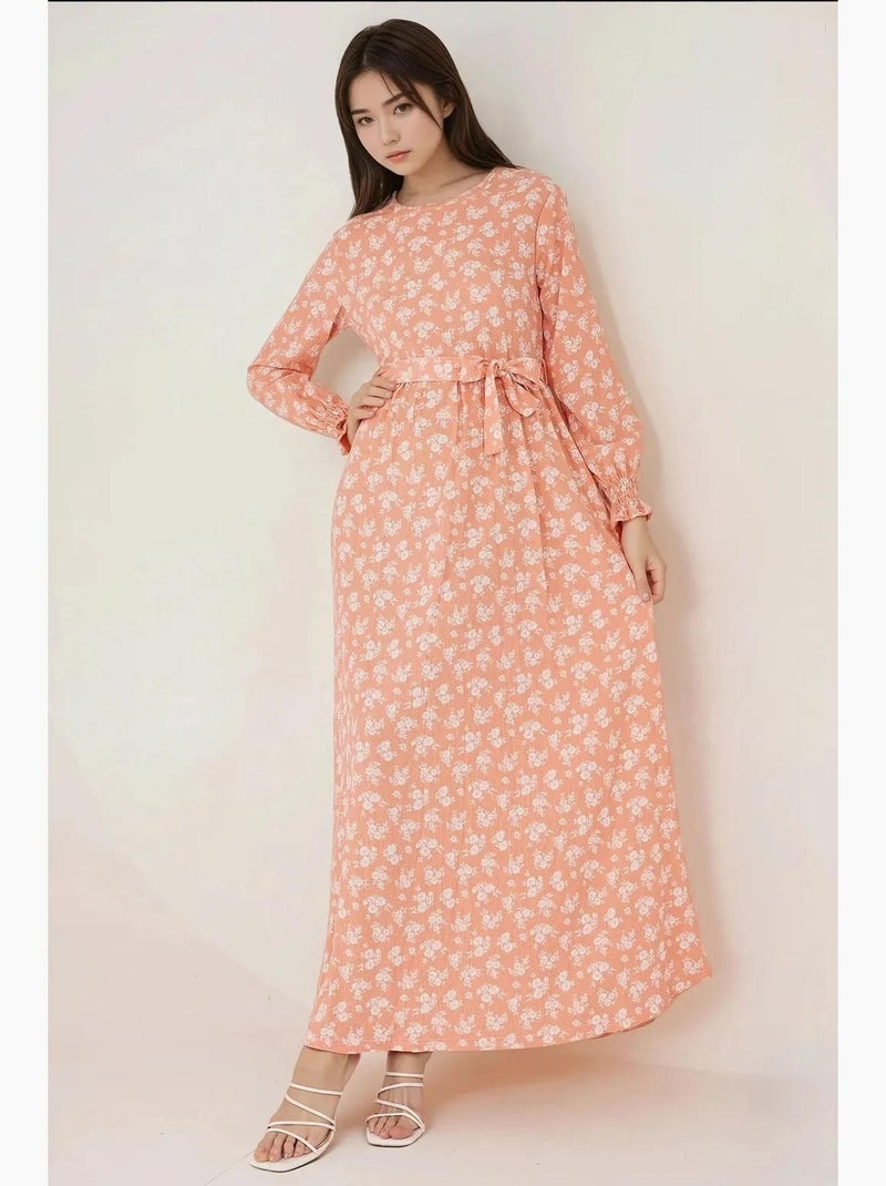 Vestido maxi com estampado floral, manga comprida e cinto hiccup Rosa - Kiabi