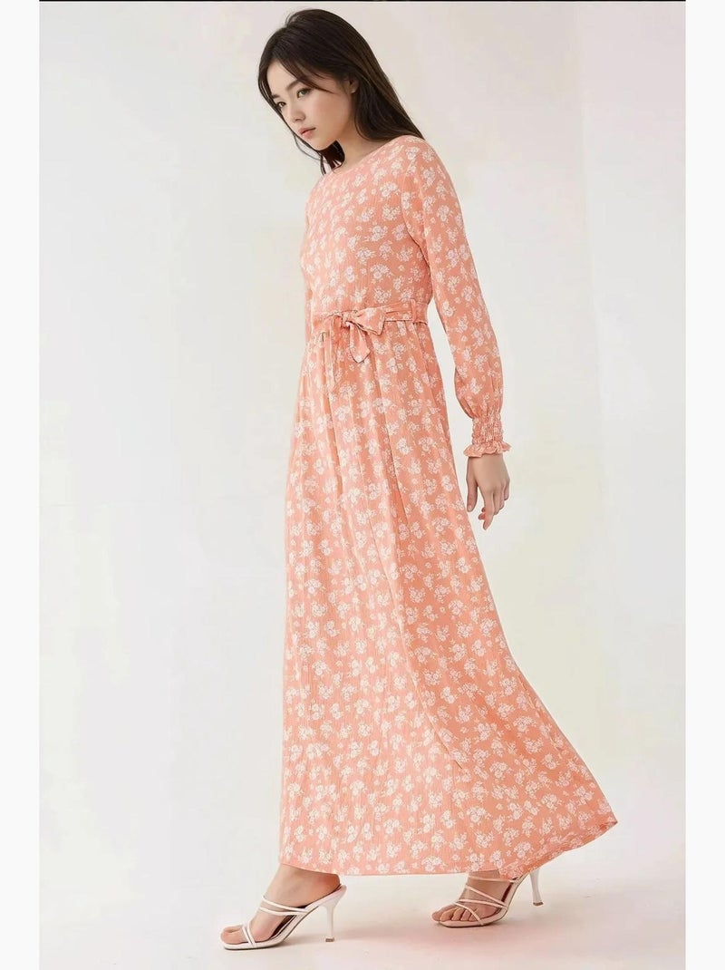 Vestido maxi com estampado floral, manga comprida e cinto hiccup Rosa - Kiabi
