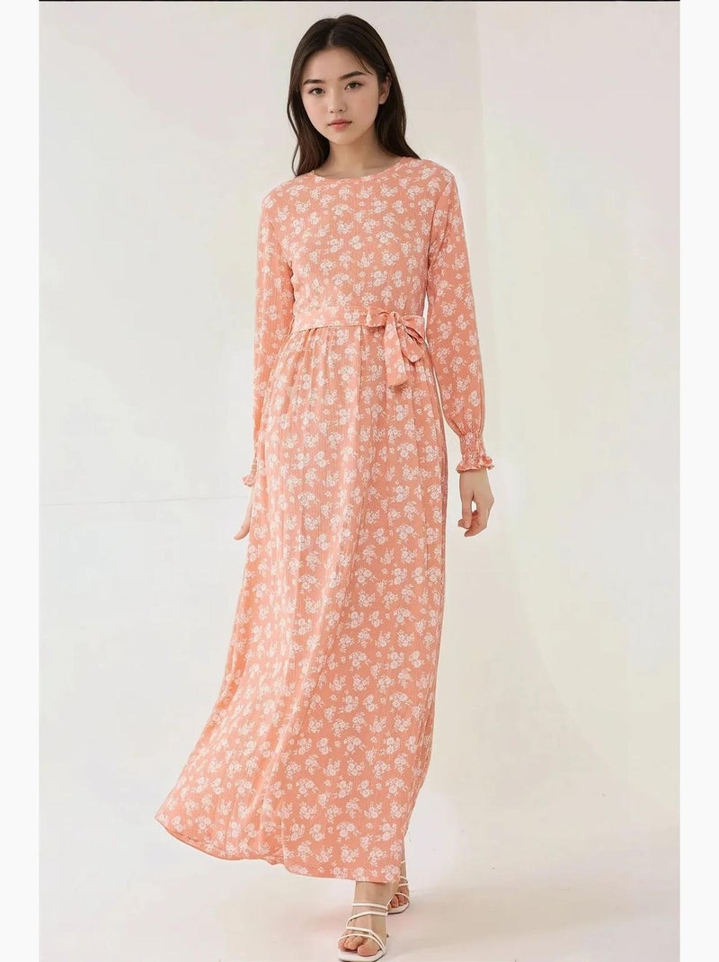Vestido maxi com estampado floral, manga comprida e cinto hiccup Rosa - Kiabi