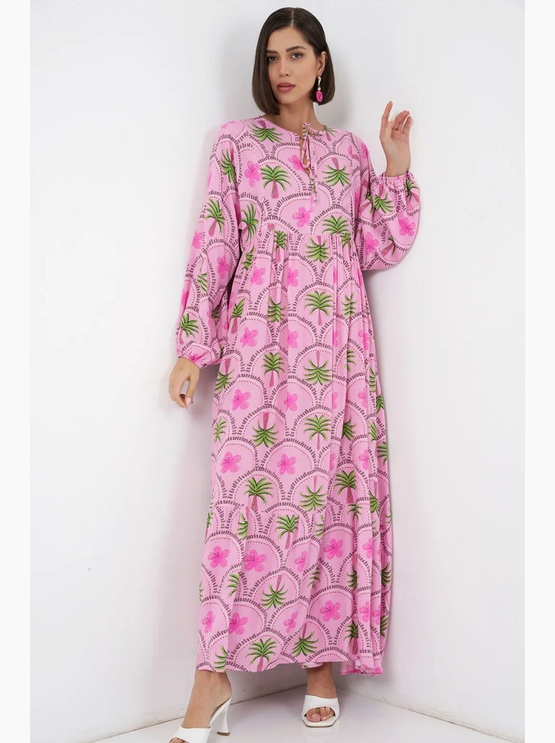 Vestido maxi com estampado tropical e fecho de botões bdart Rosa/Verde - Kiabi