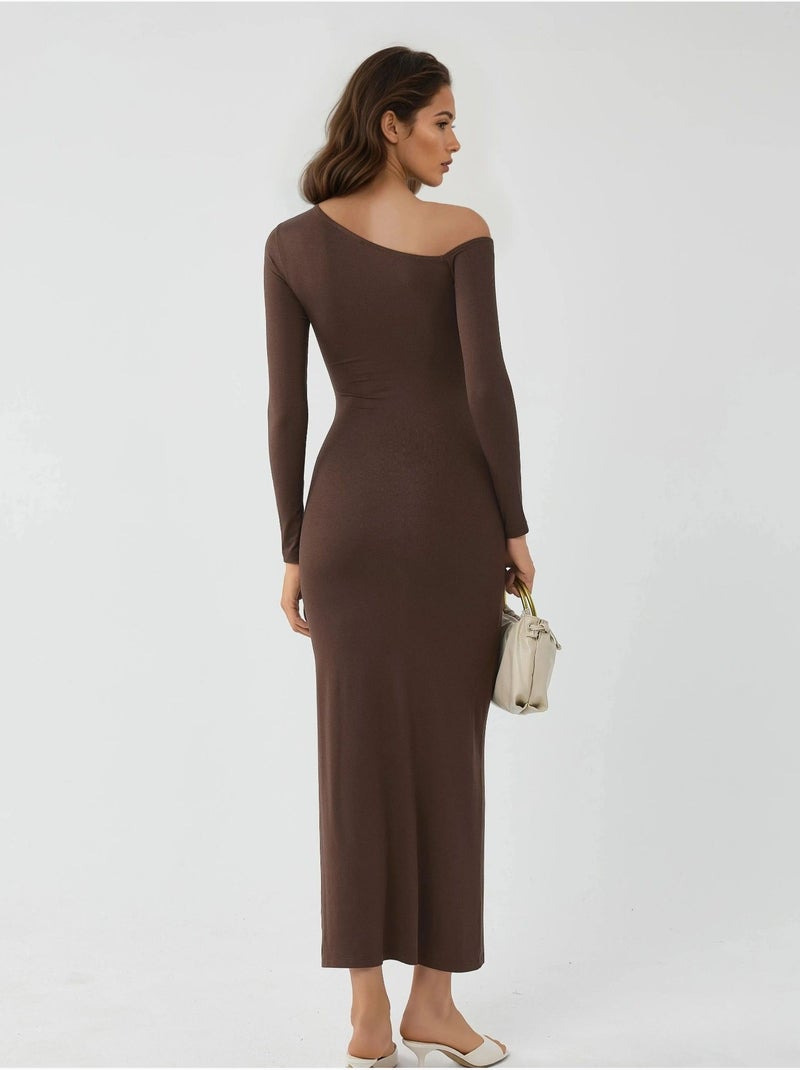Vestido maxi com gola assimétrica e racha busem Castanho-claro - Kiabi