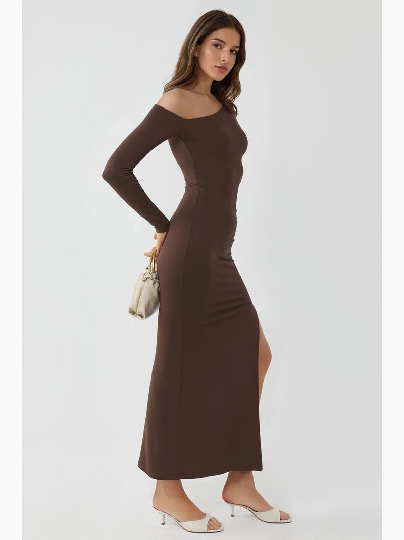 Vestido maxi com gola assimétrica e racha busem Castanho-claro - Kiabi