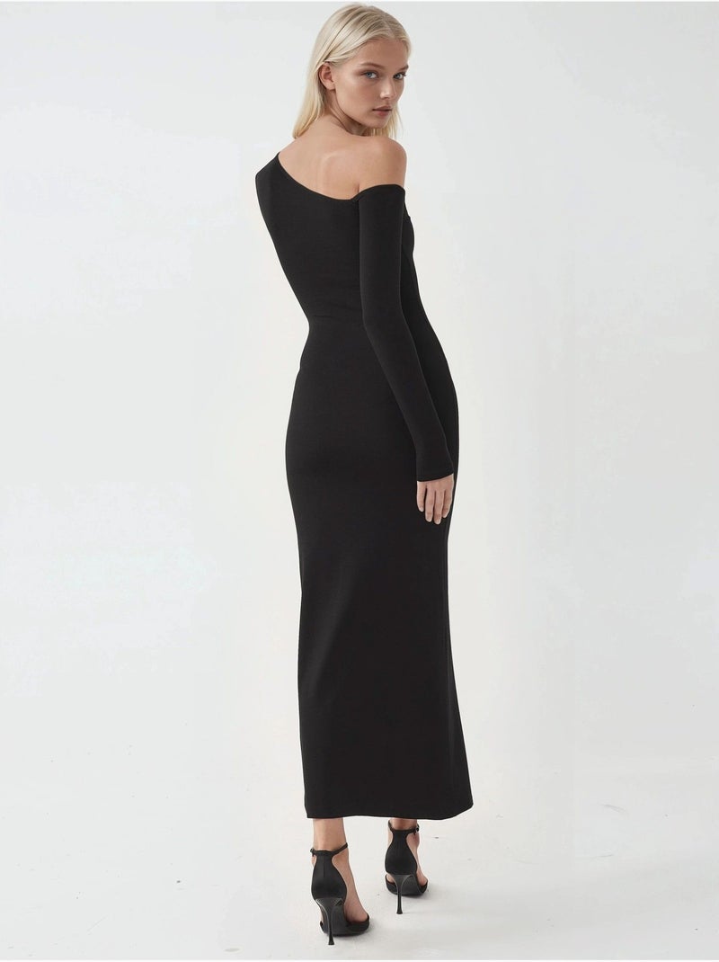 Vestido maxi com gola assimétrica e racha busem Preto - Kiabi