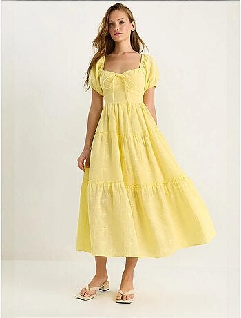 Vestido maxi com gola coração bordada lucci