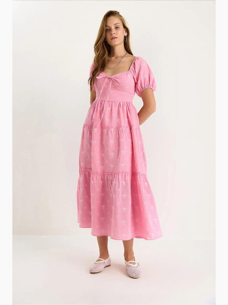Vestido maxi com gola coração bordada lucci Rosa-fluo/Solinotes - Kiabi