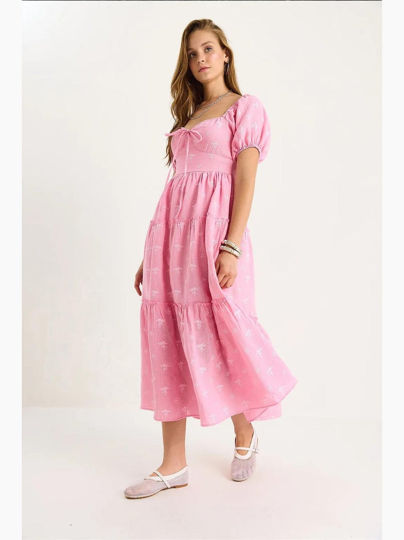 Vestido maxi com gola coração bordada lucci Rosa-fluo/Solinotes - Kiabi