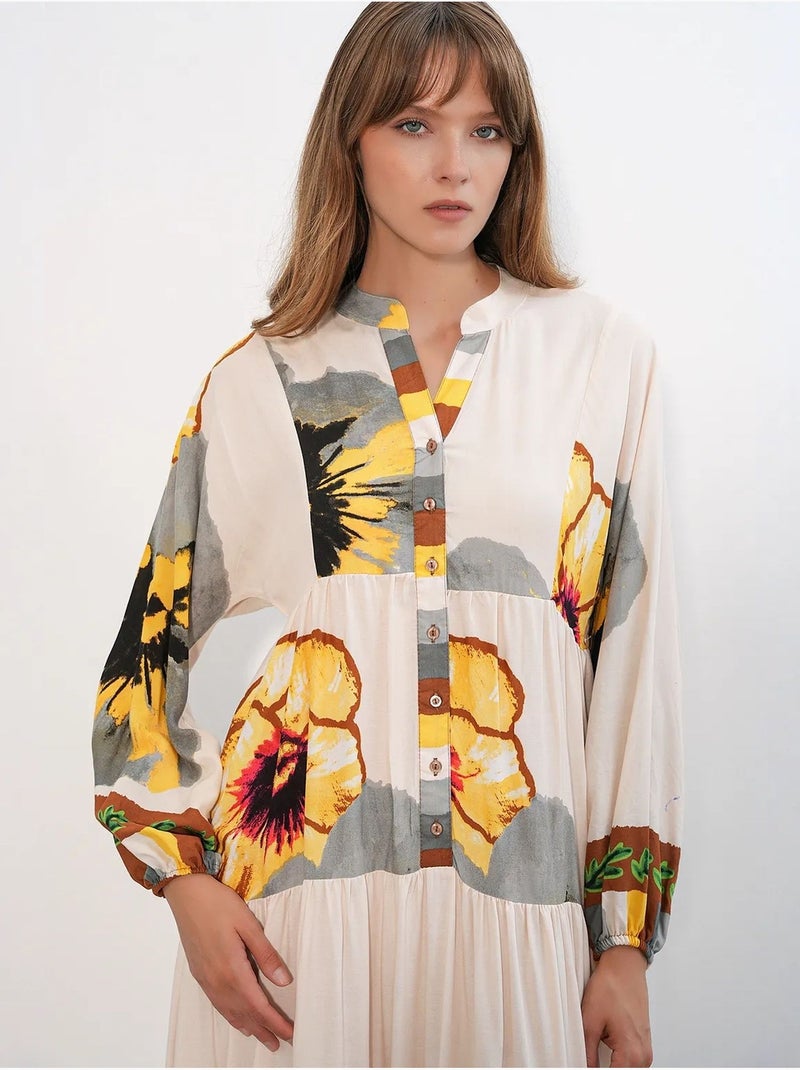 Vestido maxi com padrão e decote em v bdart Âmbar - Kiabi