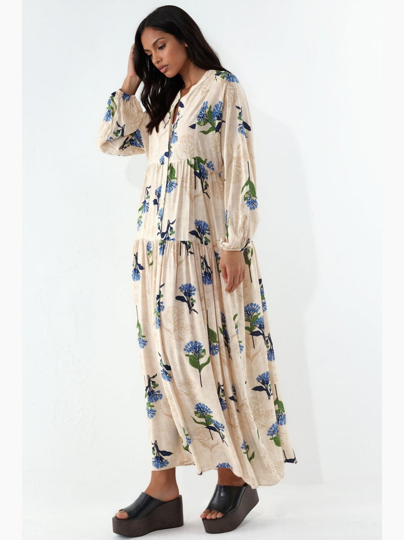 Vestido maxi com padrão e decote em v bdart Azul-bege - Kiabi
