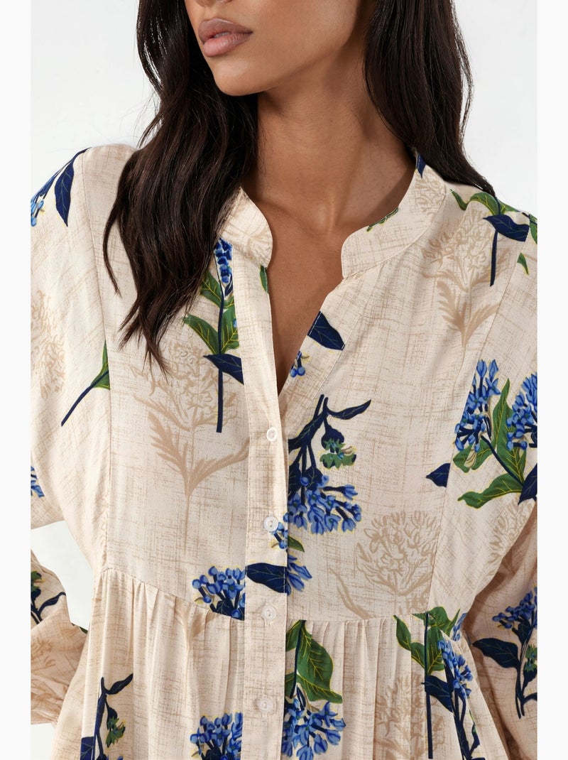 Vestido maxi com padrão e decote em v bdart Azul-bege - Kiabi