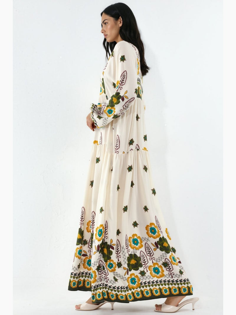 Vestido maxi com padrão e decote em v bdart Cáqui - Kiabi