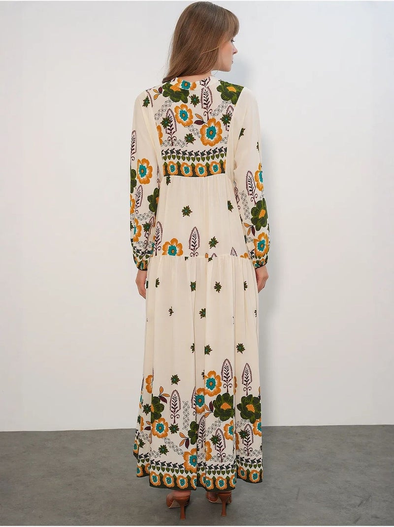 Vestido maxi com padrão e decote em v bdart Cáqui - Kiabi