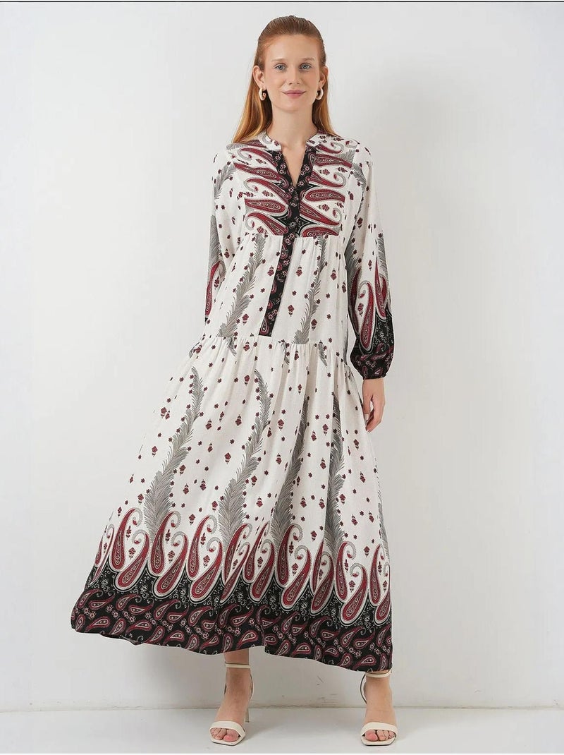 Vestido maxi com padrão e decote em v bdart Ecru - Kiabi