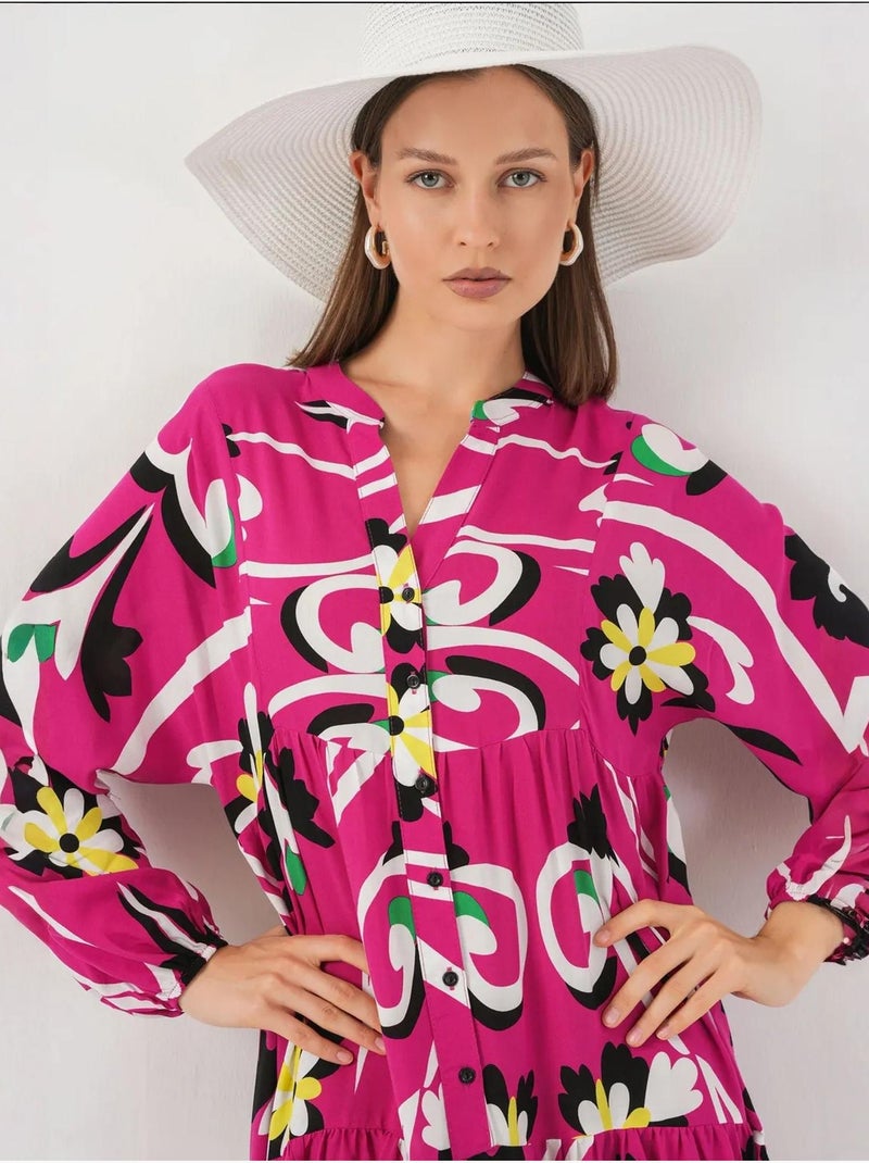 Vestido maxi com padrão e decote em v bdart Rosa-fúcsia - Kiabi